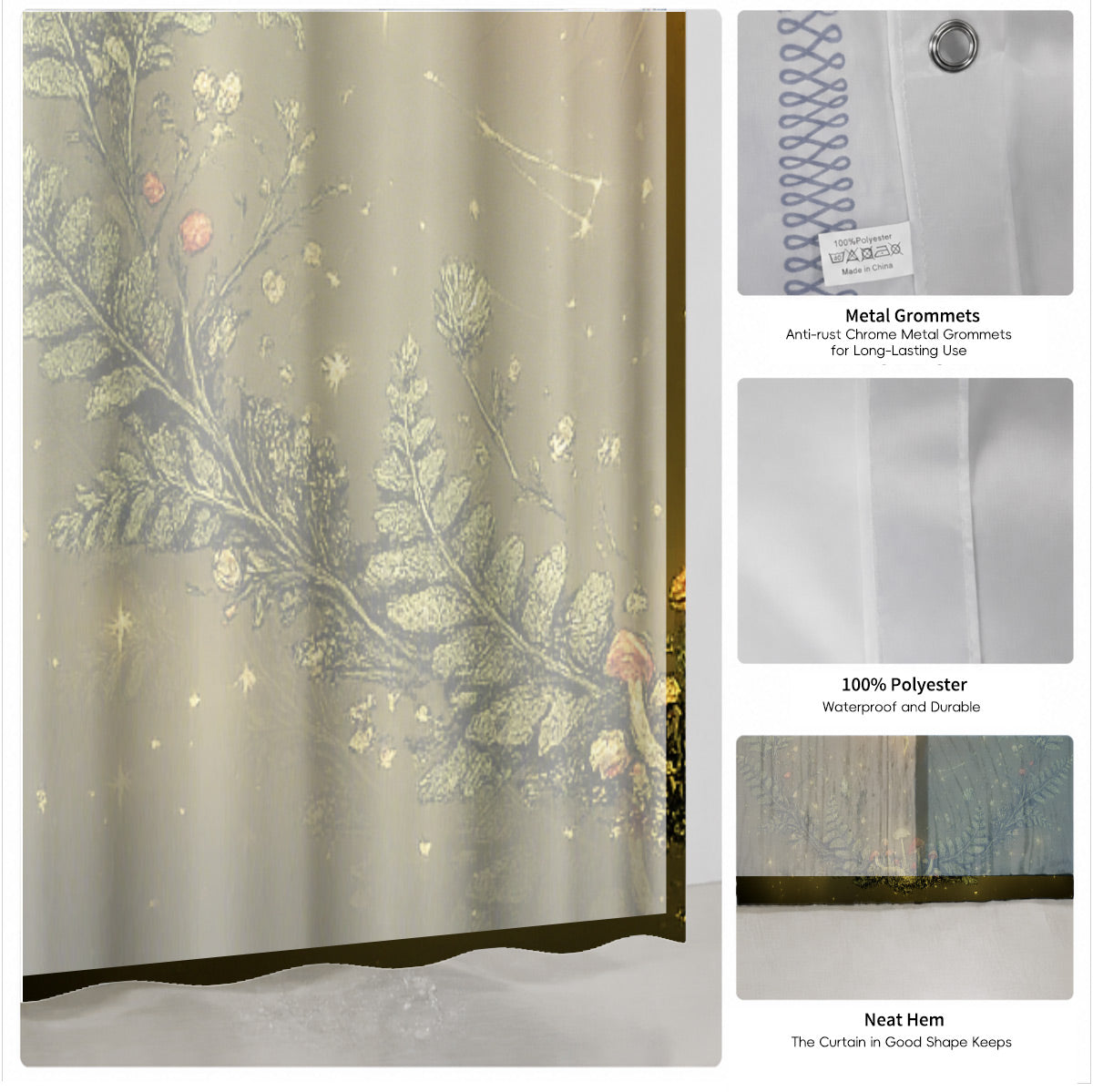 Vintage Celestial Mushroom Shower Curtain Dark Academia Waterproof Decor