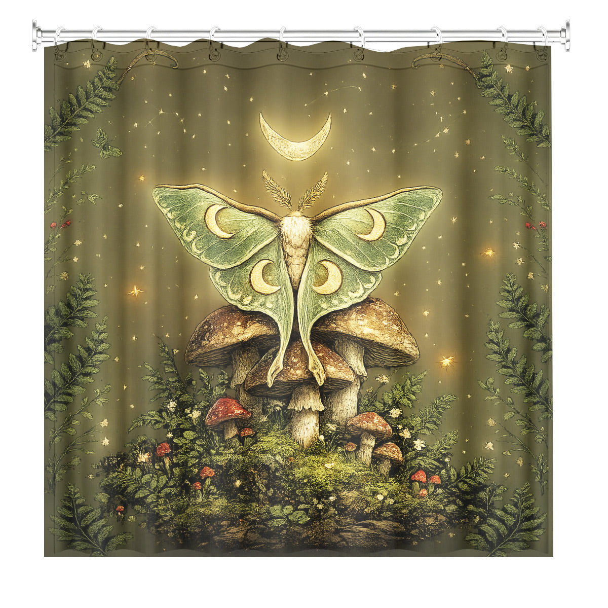 Vintage Celestial Mushroom Shower Curtain Dark Academia Waterproof Decor
