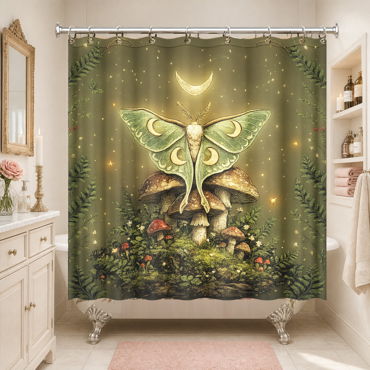Vintage Celestial Mushroom Shower Curtain Dark Academia Waterproof Decor