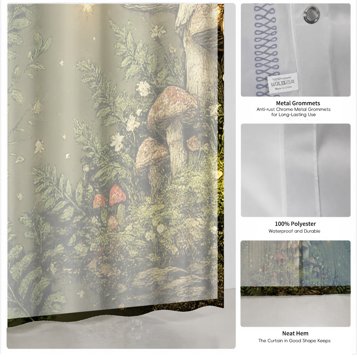 Vintage Celestial Mushroom Shower Curtain Dark Academia Waterproof Decor