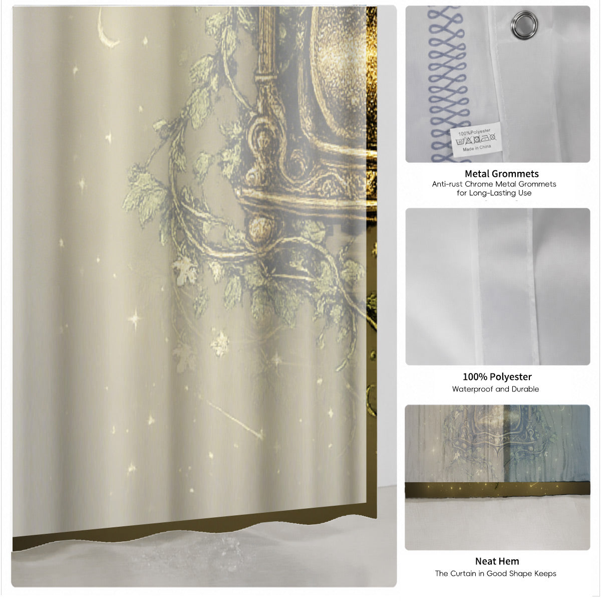 Vintage Celestial Mushroom Shower Curtain Dark Academia Waterproof Decor
