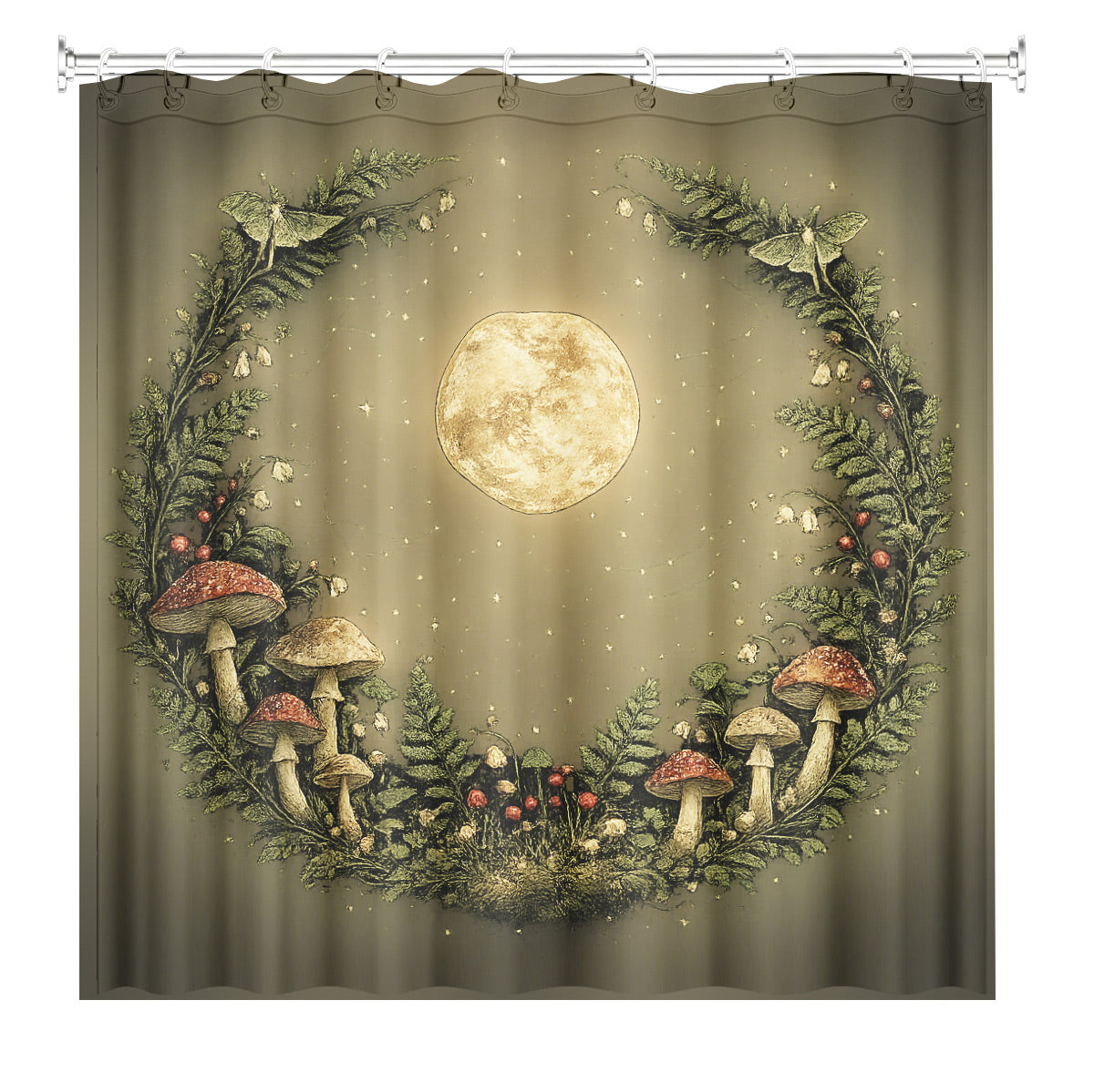 Vintage Celestial Mushroom Shower Curtain Dark Academia Waterproof Decor