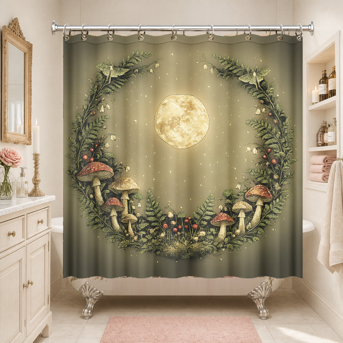 Vintage Celestial Mushroom Shower Curtain Dark Academia Waterproof Decor