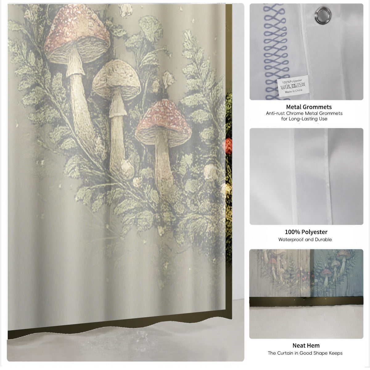 Vintage Celestial Mushroom Shower Curtain Dark Academia Waterproof Decor