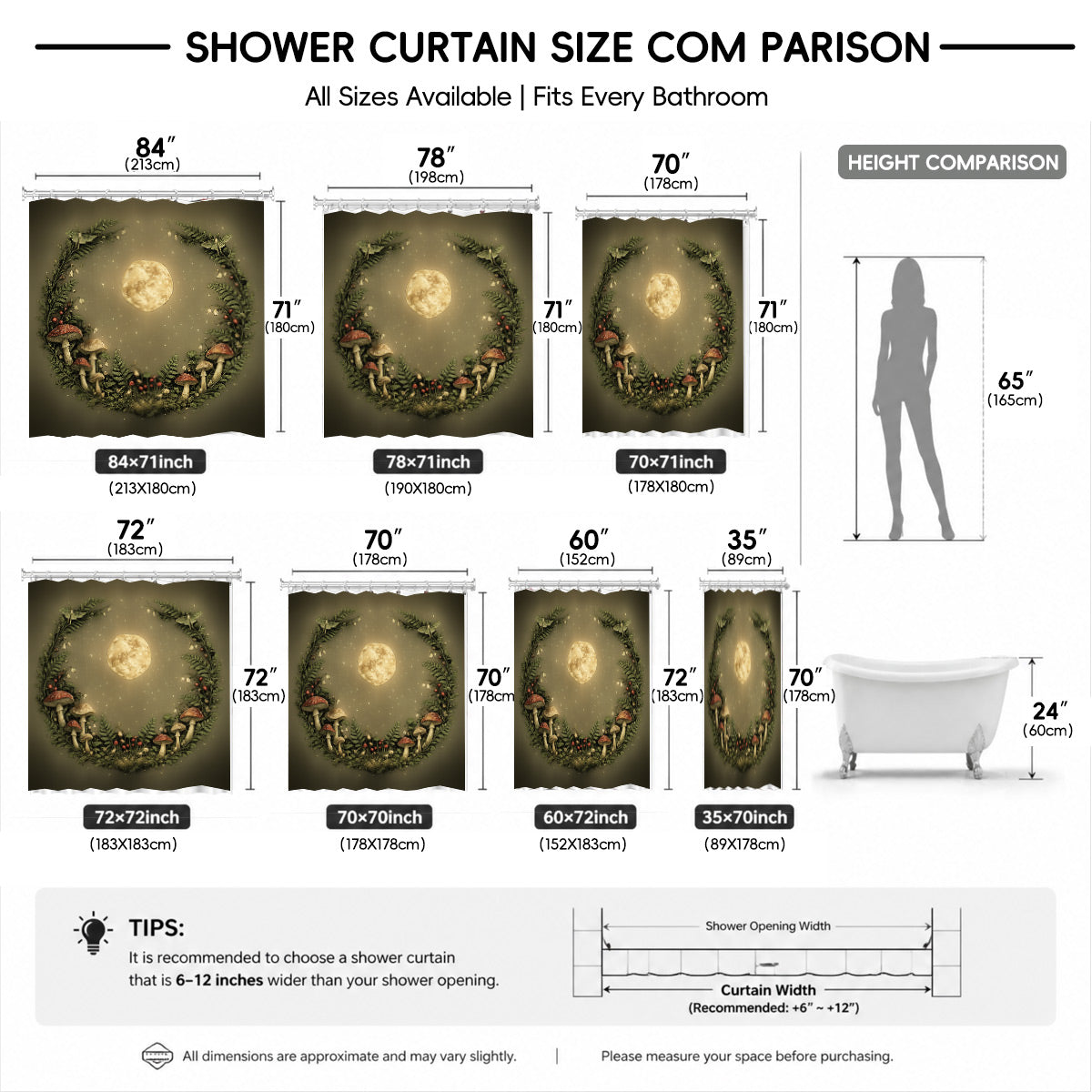 Vintage Celestial Mushroom Shower Curtain Dark Academia Waterproof Decor