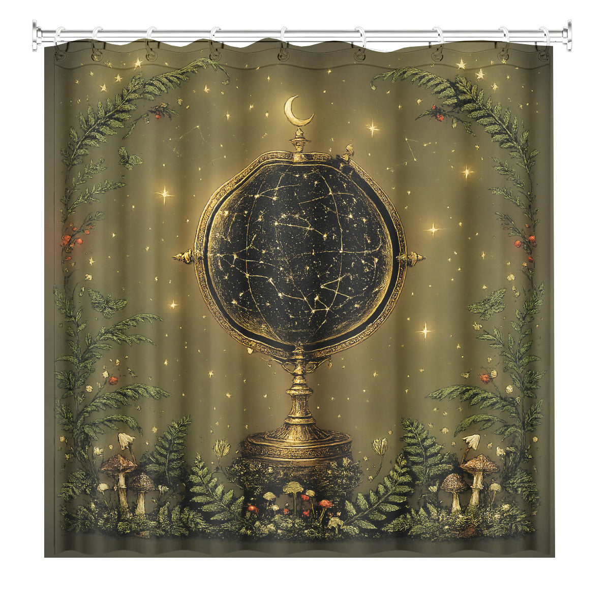 Vintage Celestial Mushroom Shower Curtain Dark Academia Waterproof Decor