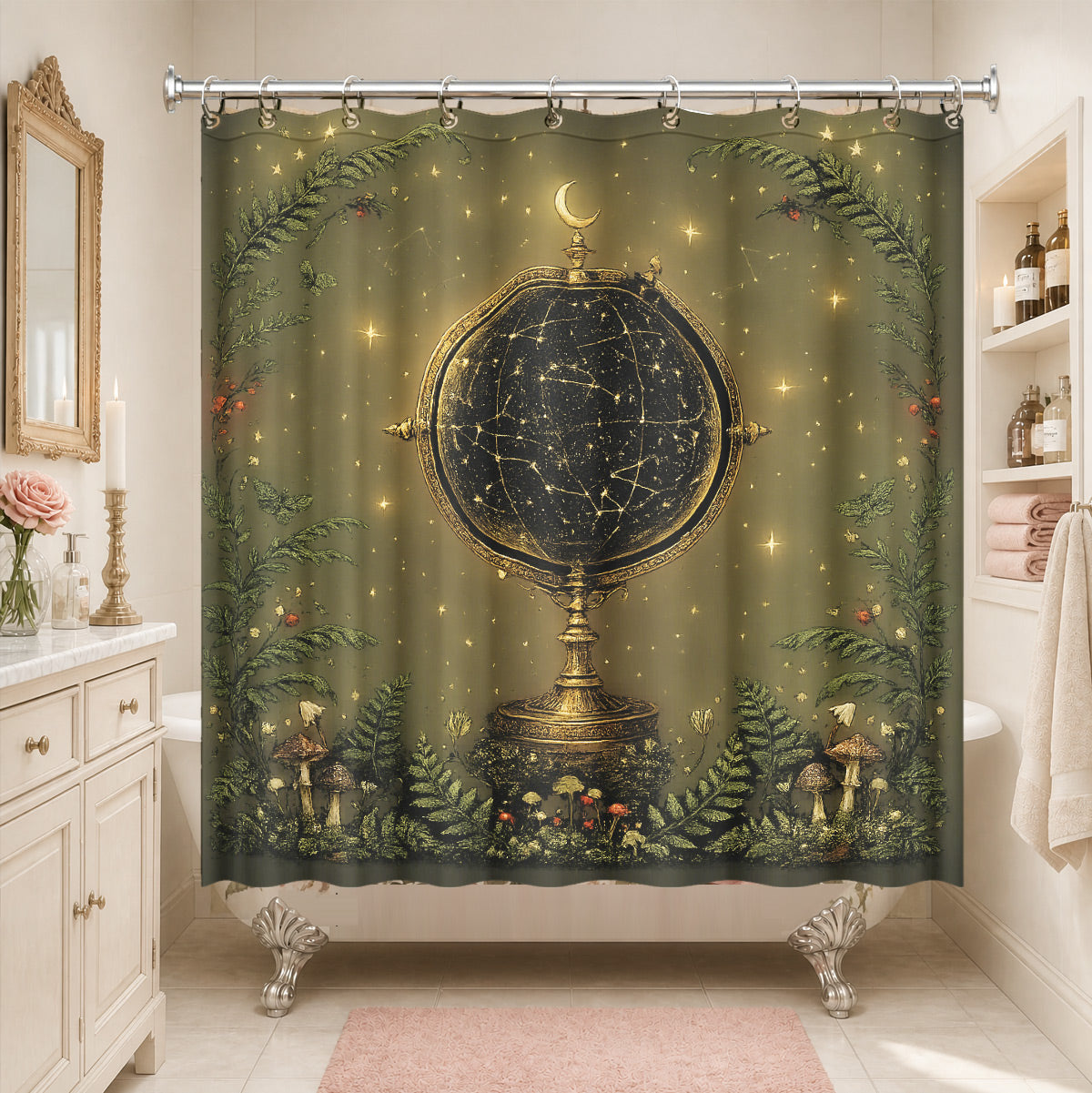 Vintage Celestial Mushroom Shower Curtain Dark Academia Waterproof Decor