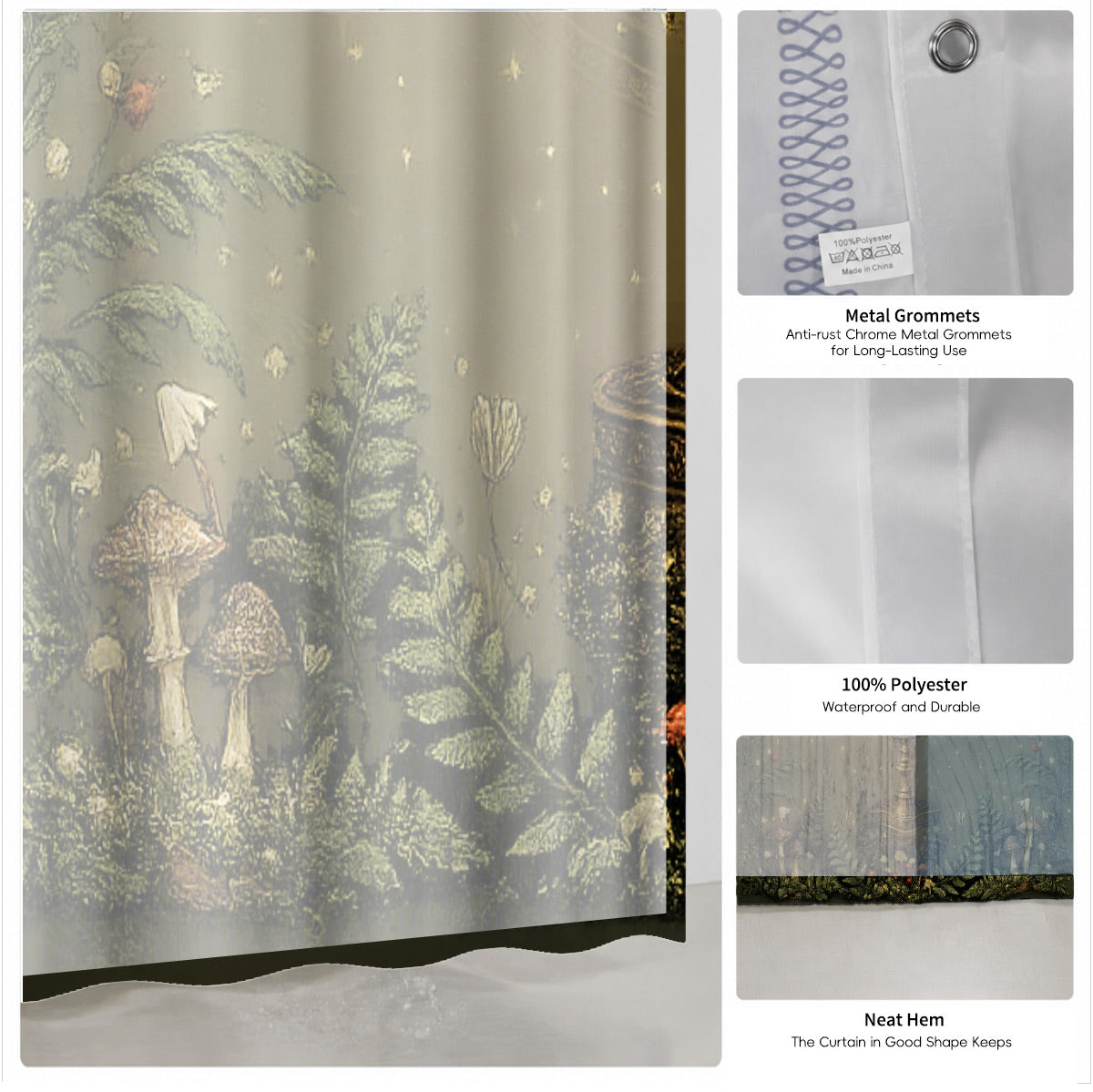 Vintage Celestial Mushroom Shower Curtain Dark Academia Waterproof Decor