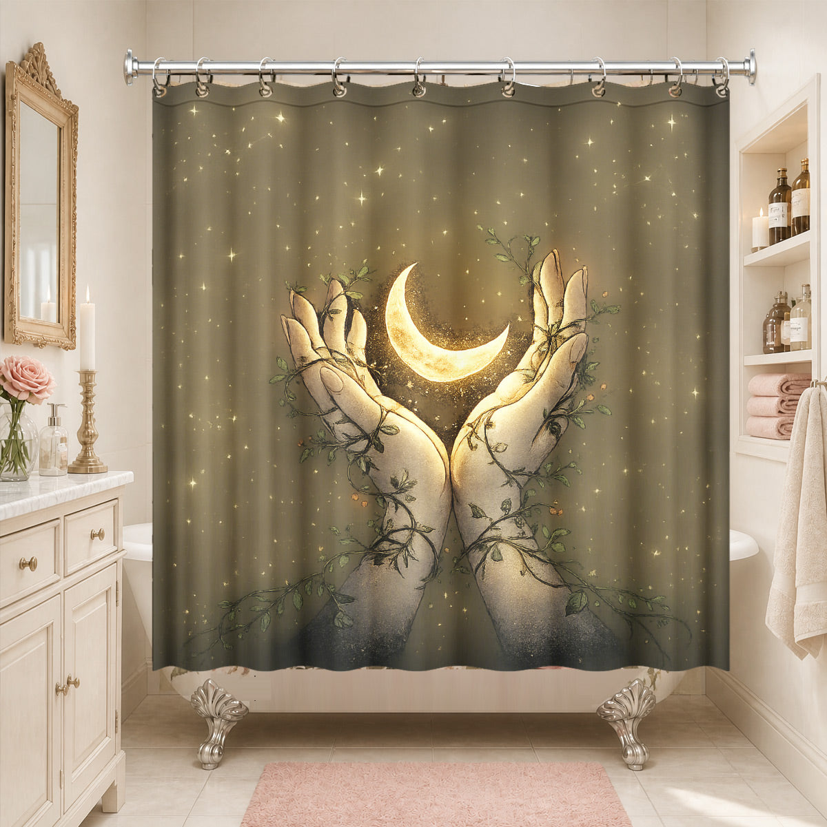 Vintage Celestial Mushroom Shower Curtain Dark Academia Waterproof Decor