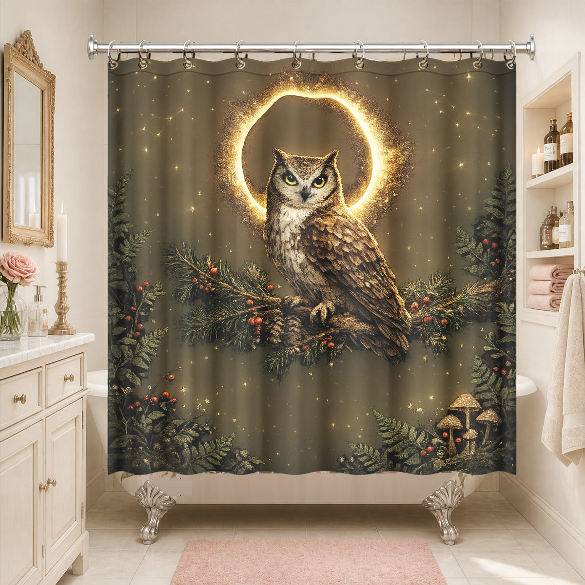 Vintage Celestial Mushroom Shower Curtain Dark Academia Waterproof Decor