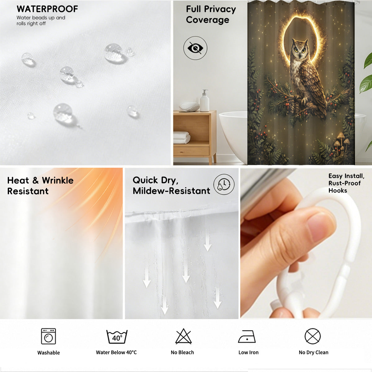Vintage Celestial Mushroom Shower Curtain Dark Academia Waterproof Decor