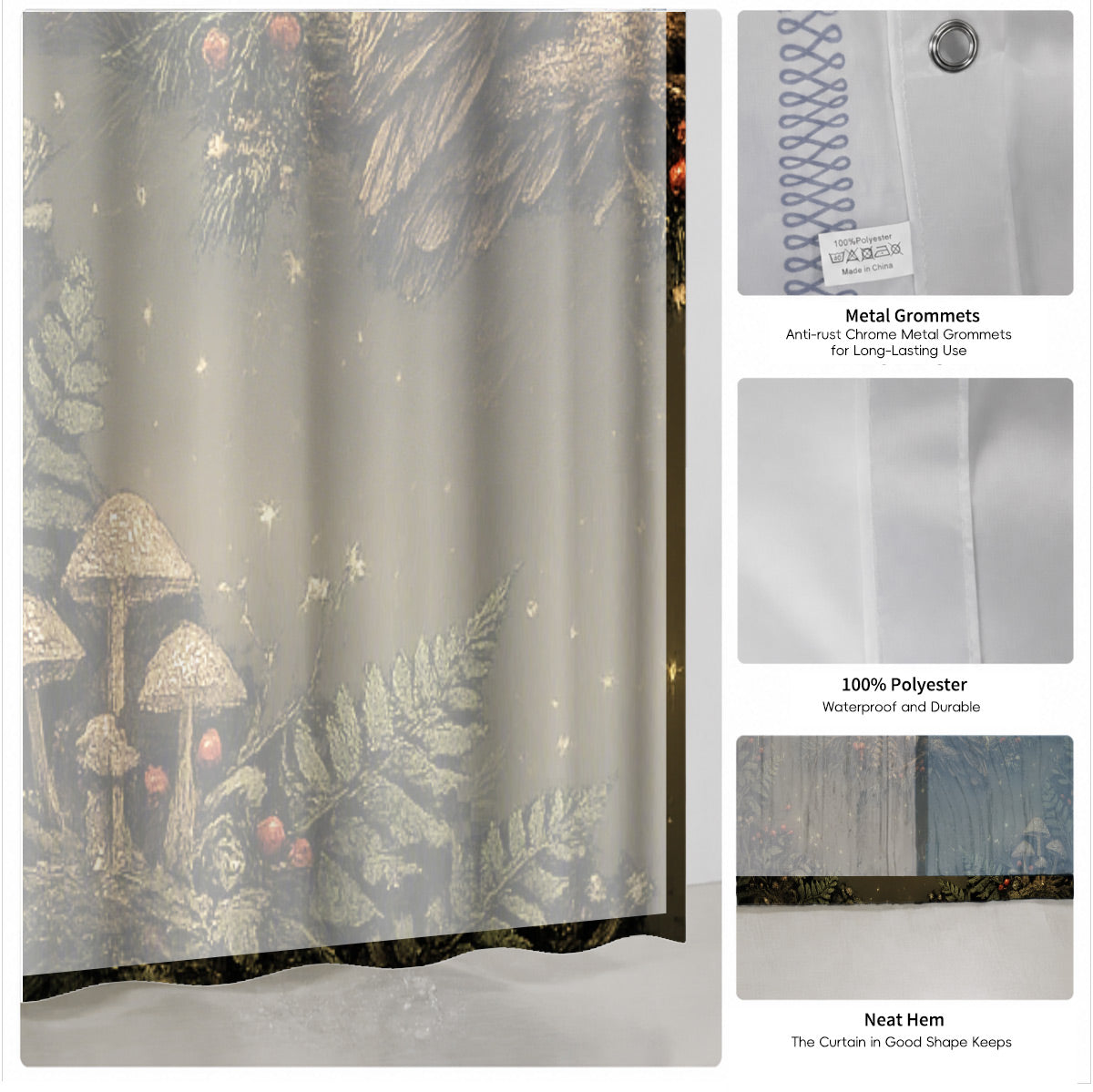 Vintage Celestial Mushroom Shower Curtain Dark Academia Waterproof Decor