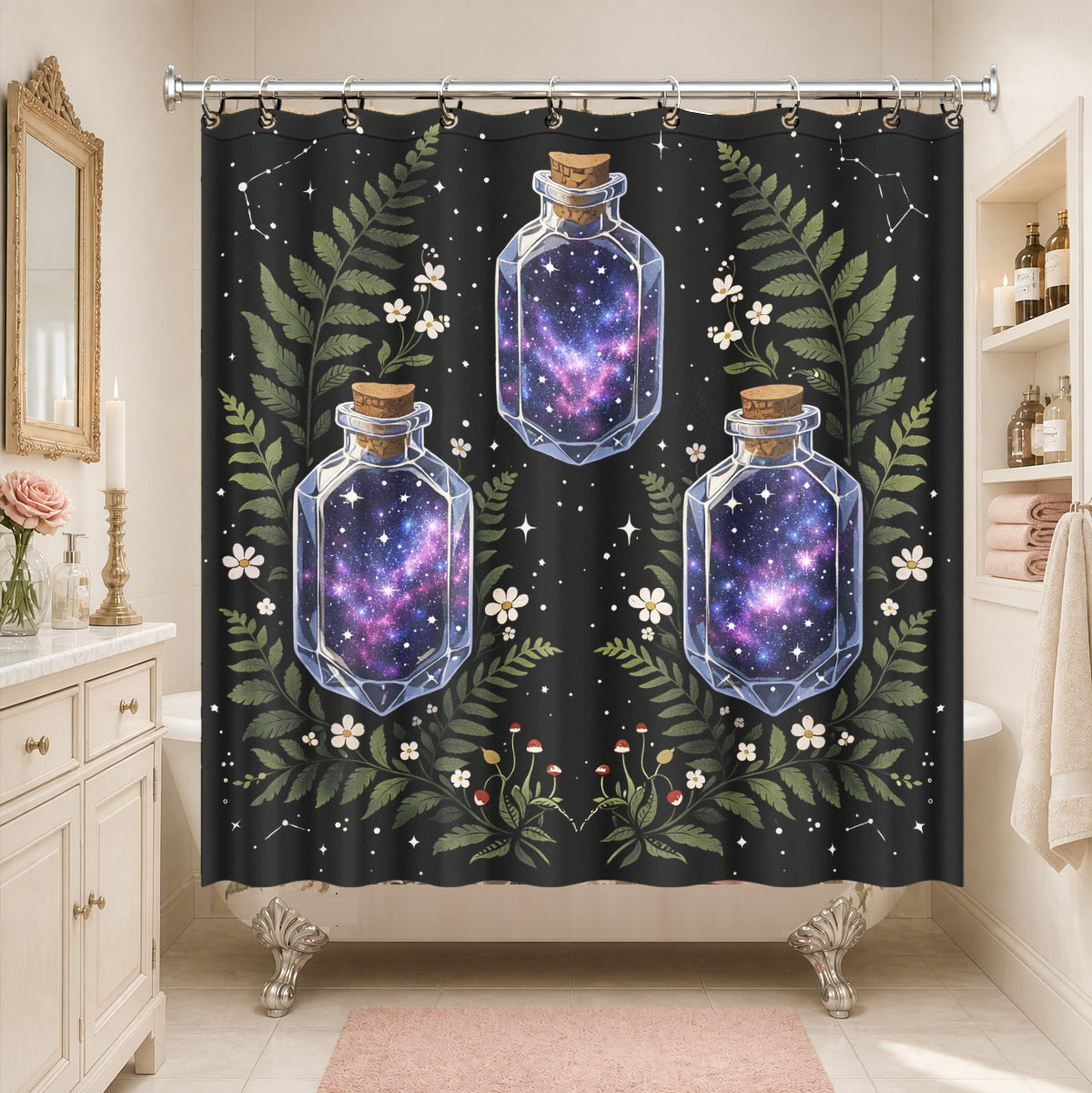 Vintage Celestial Mushroom Shower Curtain Dark Academia Waterproof Decor