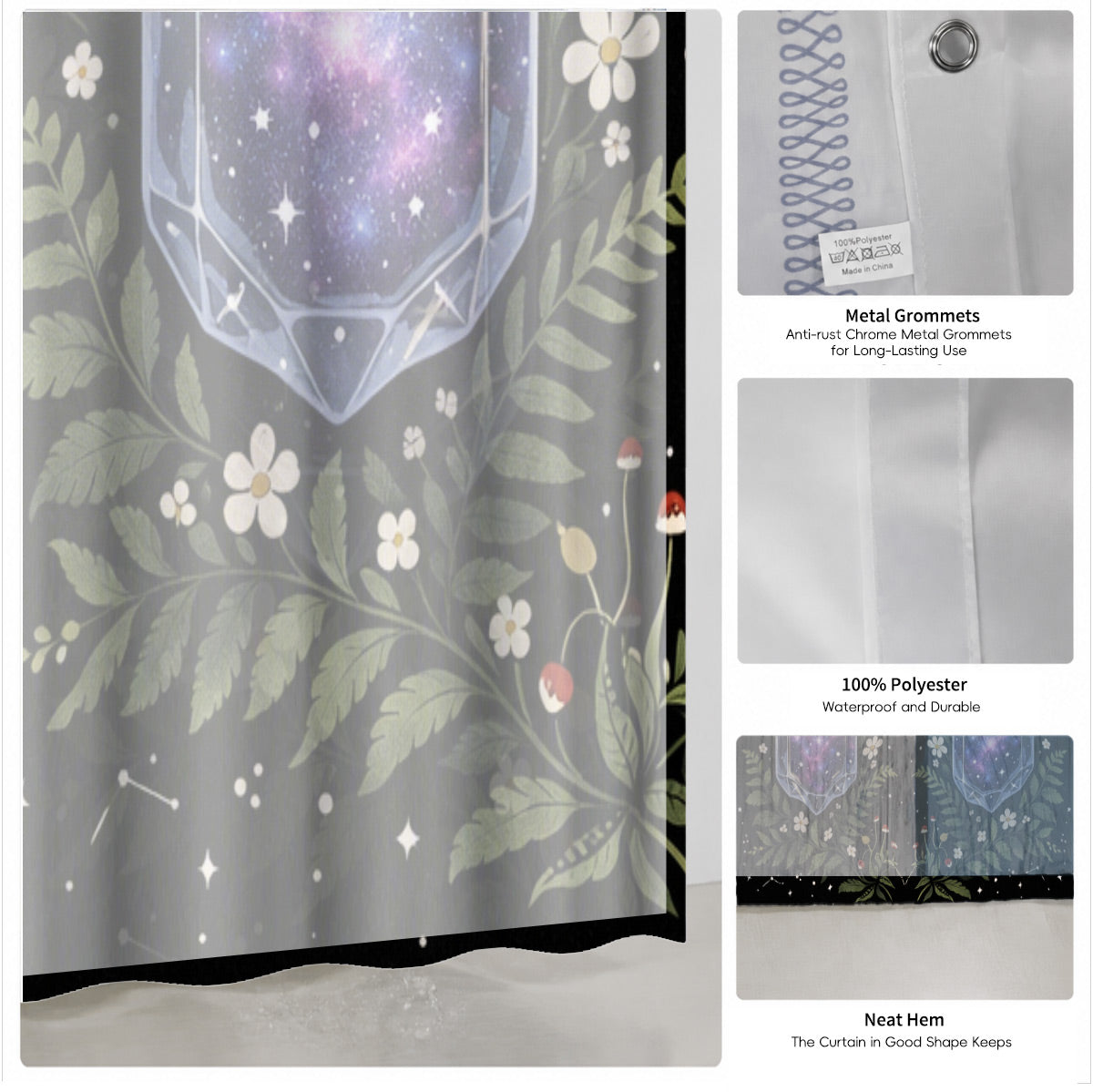 Vintage Celestial Mushroom Shower Curtain Dark Academia Waterproof Decor