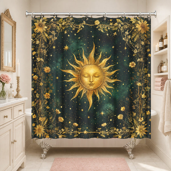 Gold Celestial Sun Moth Shower Curtain Dark Academia Waterproof Decor