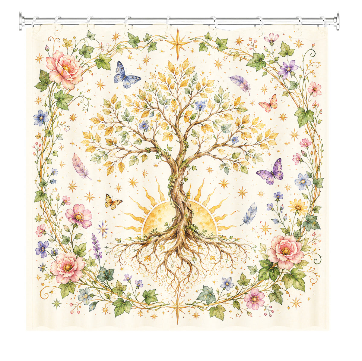 Watercolor Floral Owl Deer Shower Curtain Boho Waterproof Bath Decor