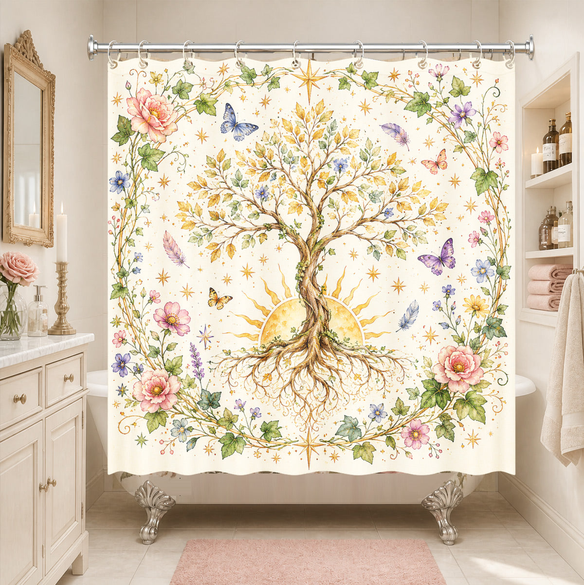 Watercolor Floral Owl Deer Shower Curtain Boho Waterproof Bath Decor