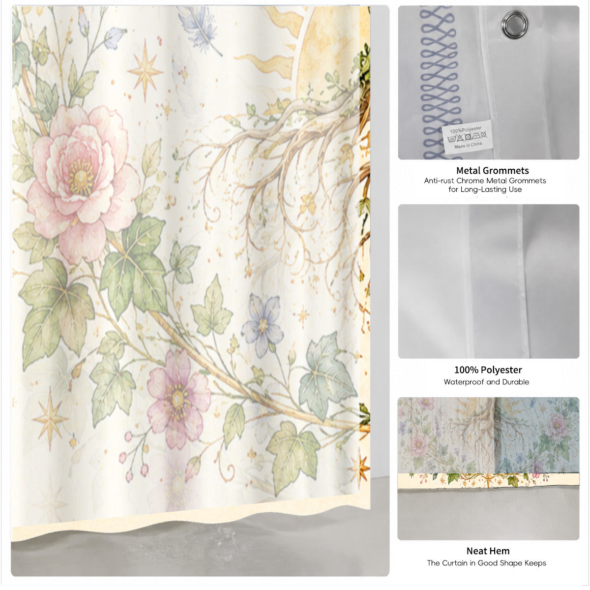 Watercolor Floral Owl Deer Shower Curtain Boho Waterproof Bath Decor