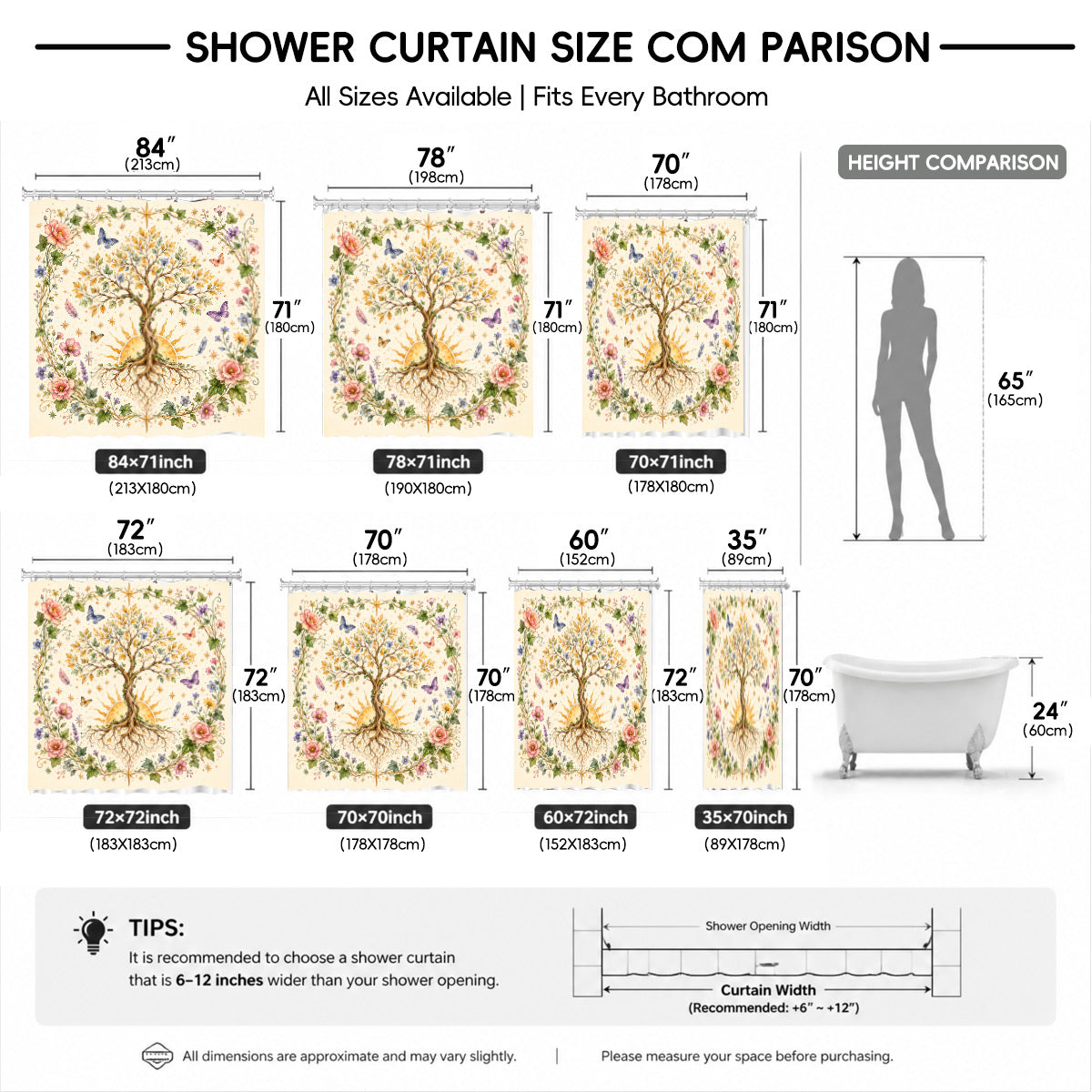 Watercolor Floral Owl Deer Shower Curtain Boho Waterproof Bath Decor