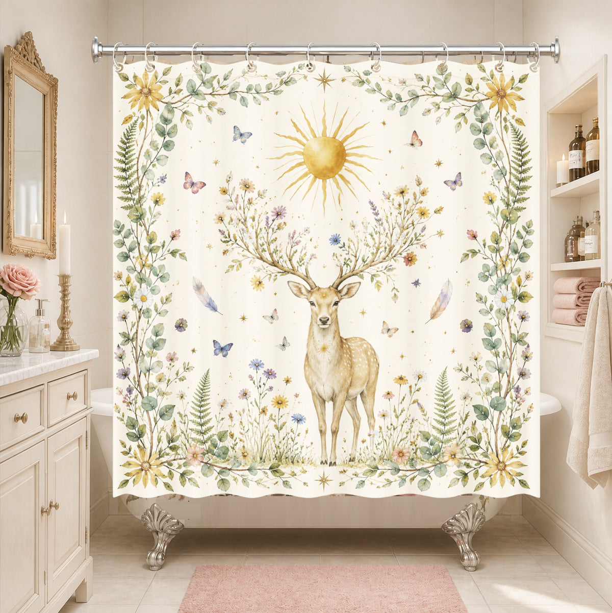 Watercolor Floral Owl Deer Shower Curtain Boho Waterproof Bath Decor