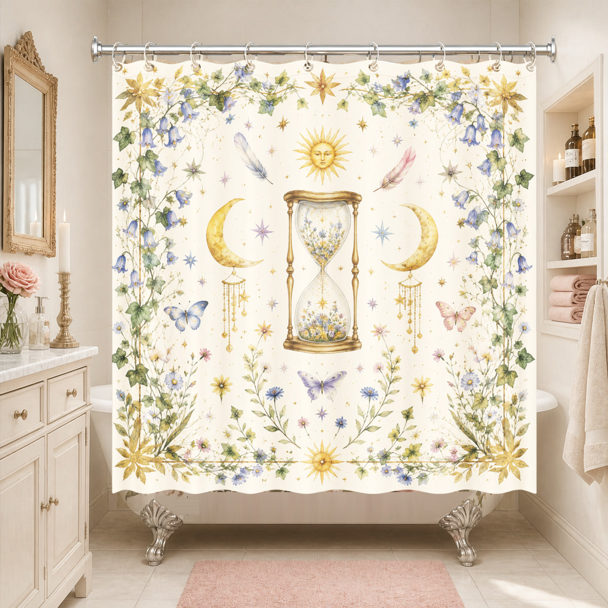 Watercolor Floral Owl Deer Shower Curtain Boho Waterproof Bath Decor