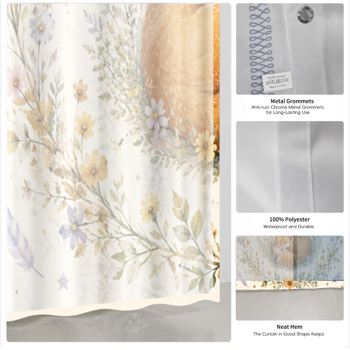 Watercolor Floral Owl Deer Shower Curtain Boho Waterproof Bath Decor