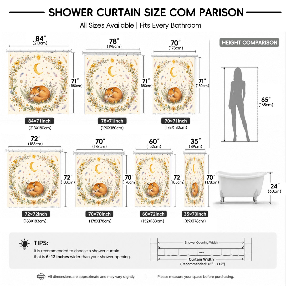 Watercolor Floral Owl Deer Shower Curtain Boho Waterproof Bath Decor
