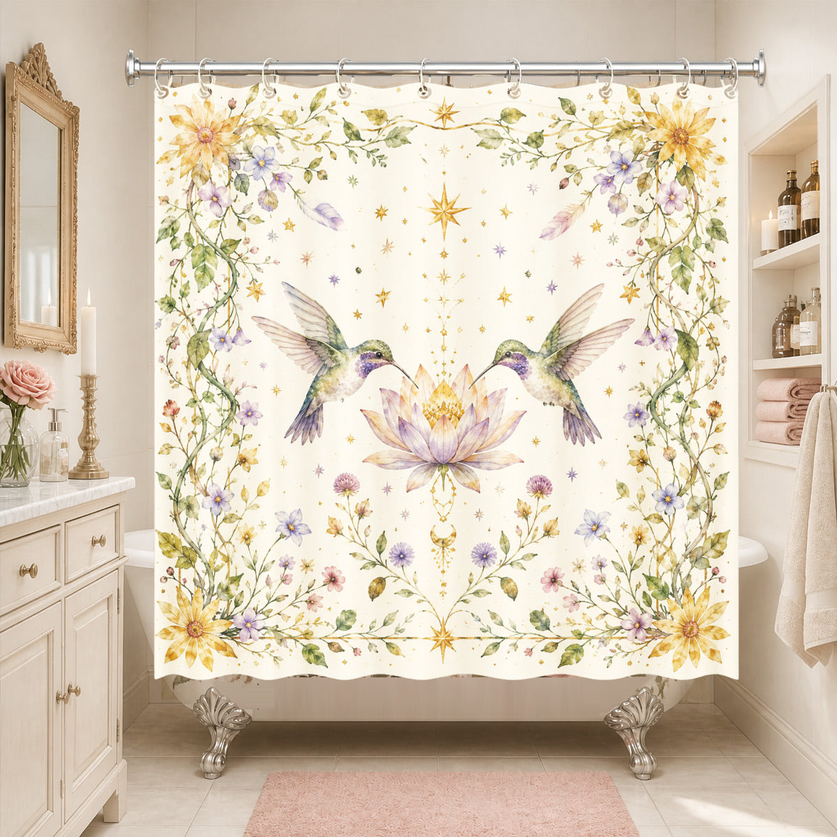 Watercolor Floral Owl Deer Shower Curtain Boho Waterproof Bath Decor
