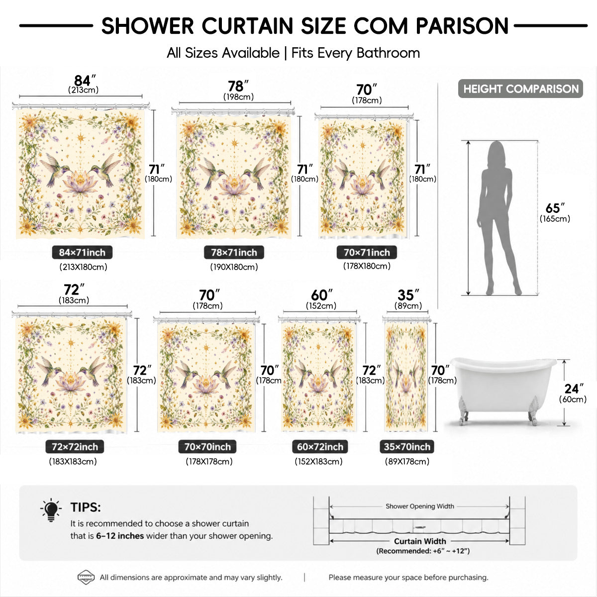 Watercolor Floral Owl Deer Shower Curtain Boho Waterproof Bath Decor