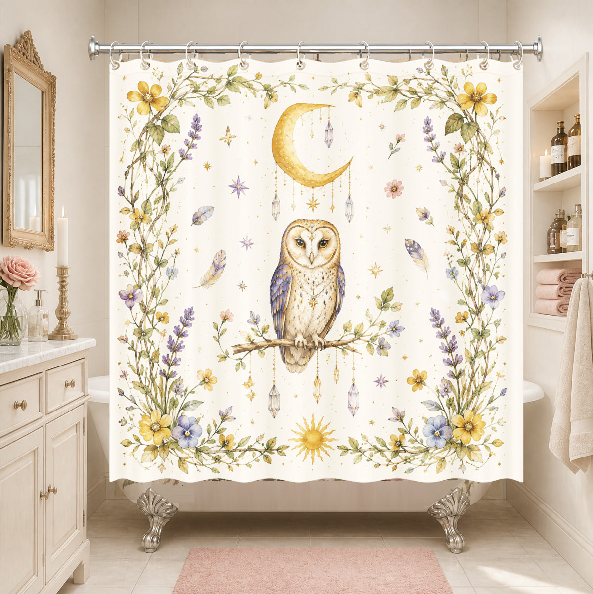 Watercolor Floral Owl Deer Shower Curtain Boho Waterproof Bath Decor