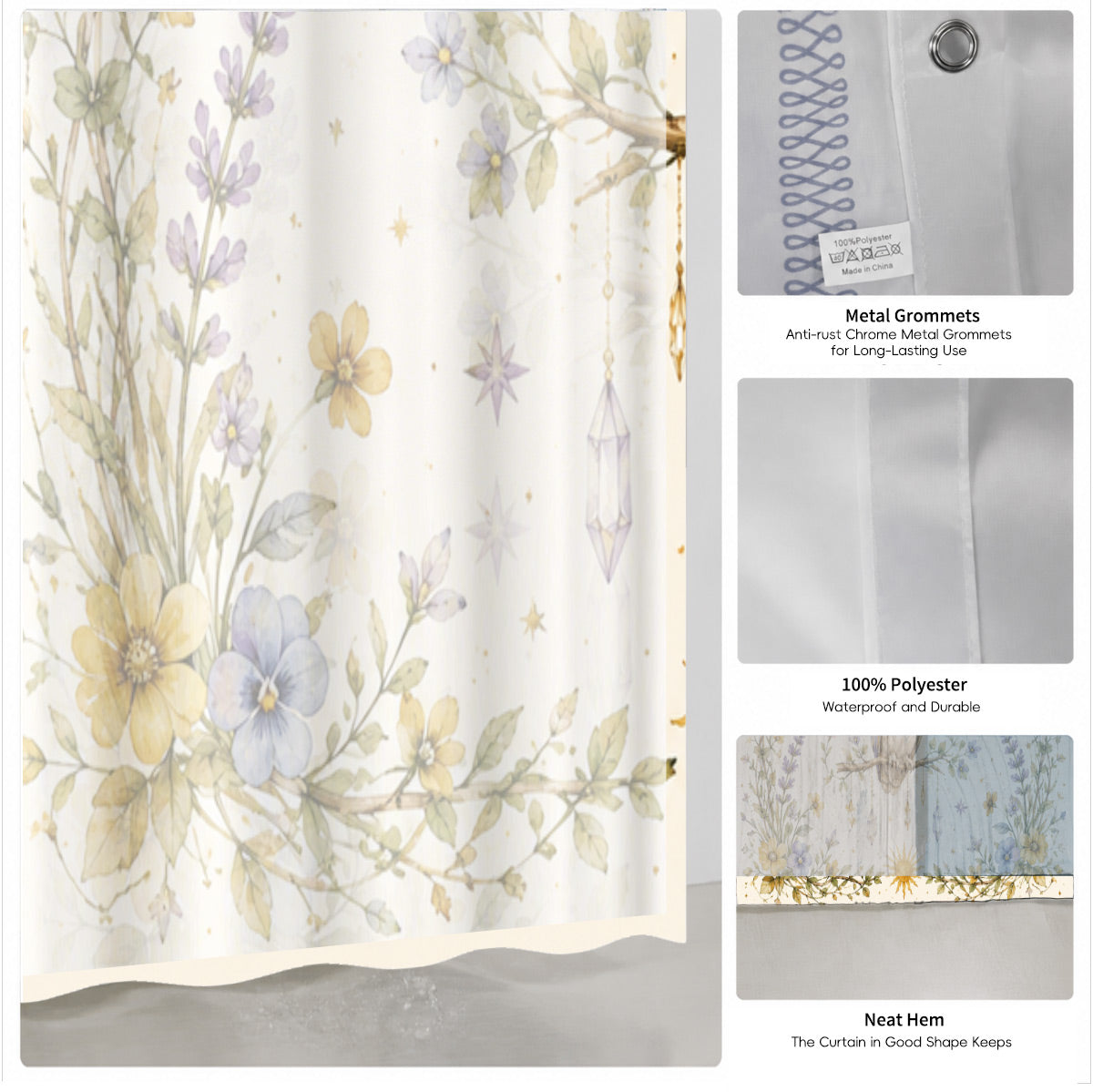 Watercolor Floral Owl Deer Shower Curtain Boho Waterproof Bath Decor