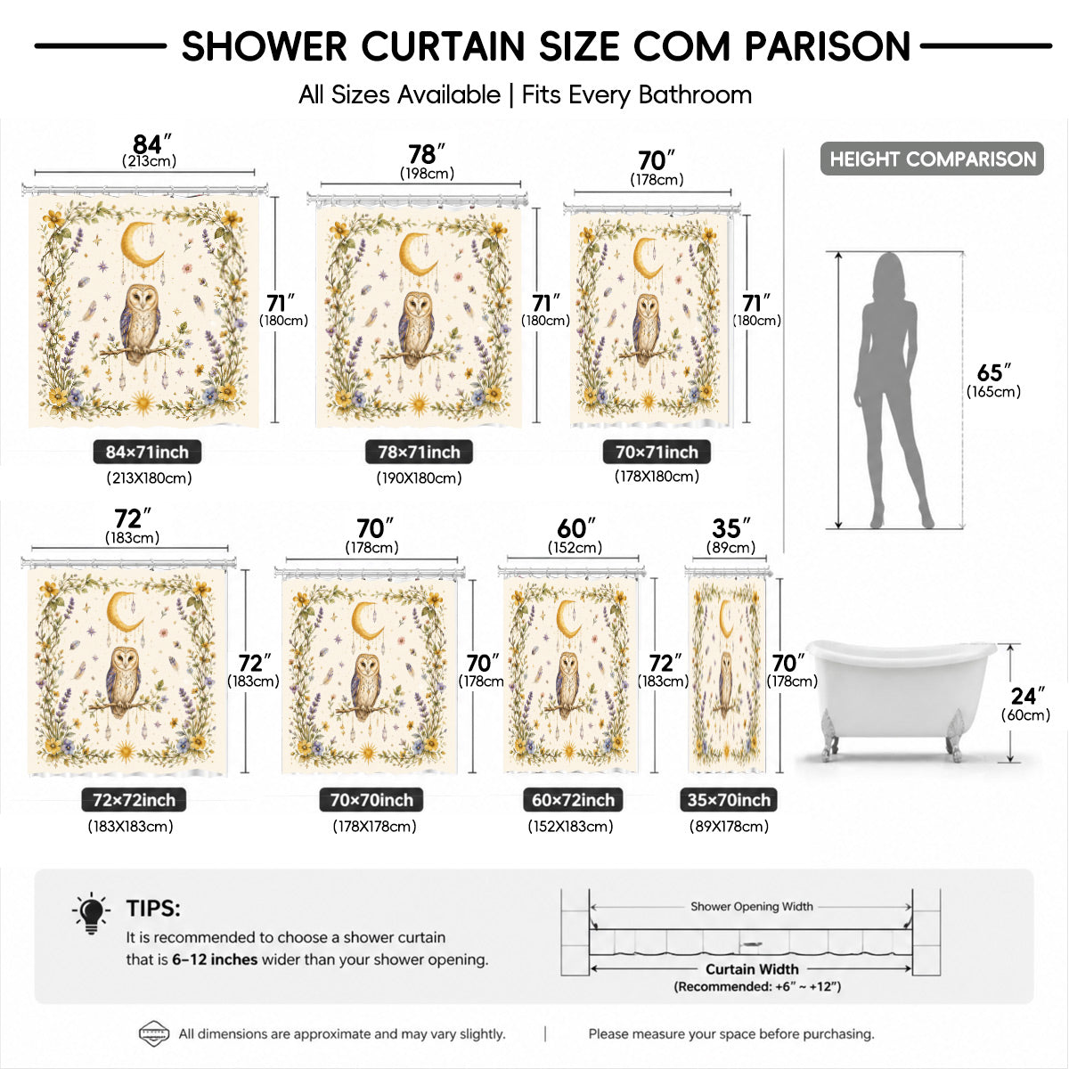 Watercolor Floral Owl Deer Shower Curtain Boho Waterproof Bath Decor