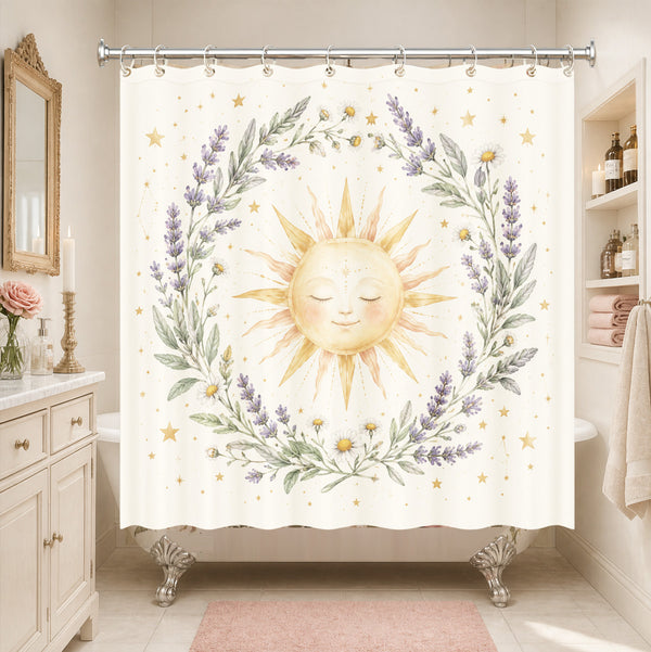 Watercolor Sun Moon Crystal Shower Curtain Boho Waterproof Bath Decor