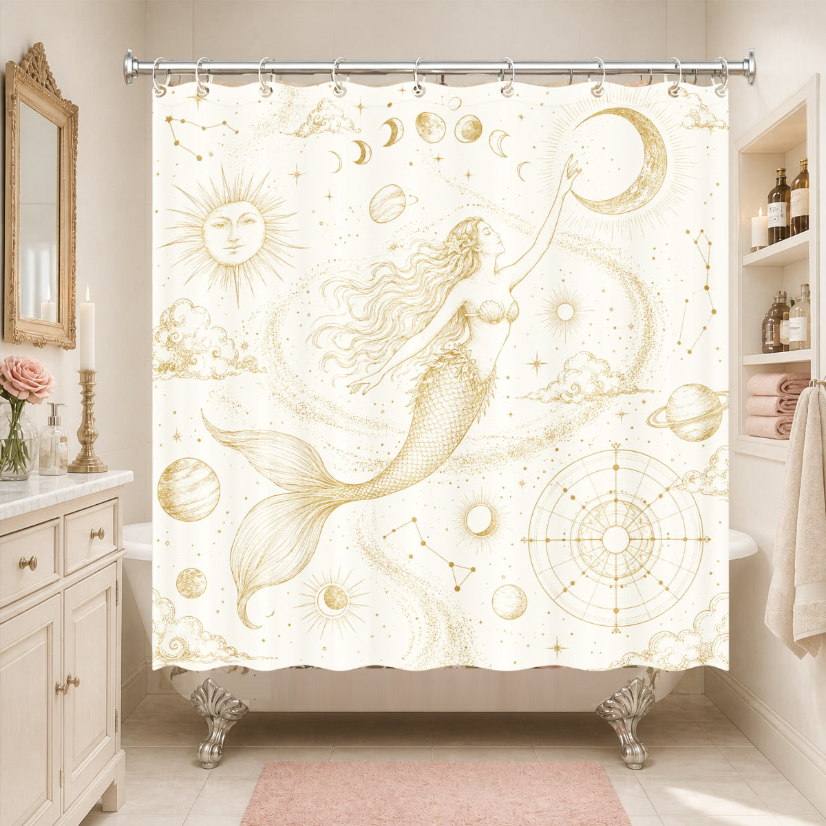 Vintage Nautical Astronomy Shower Curtain Retro Sepia Illustration Decor
