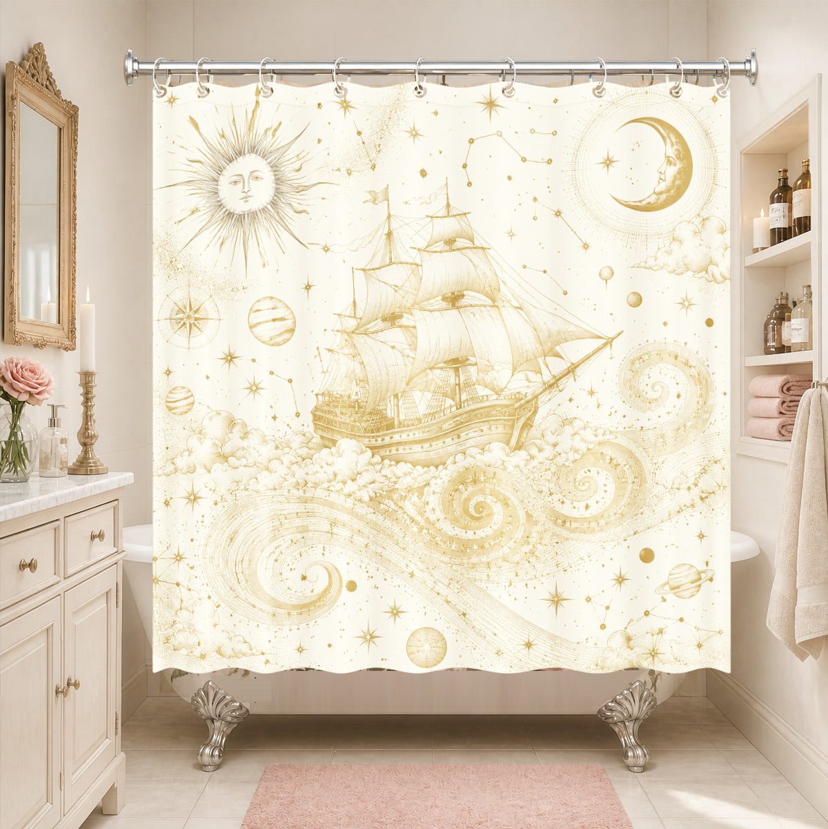 Vintage Nautical Astronomy Shower Curtain Retro Sepia Illustration Decor