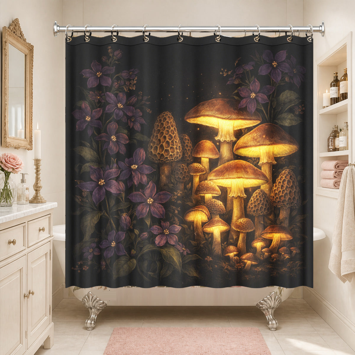 Vintage Mushroom Floral Shower Curtain Dark Academia Waterproof Decor