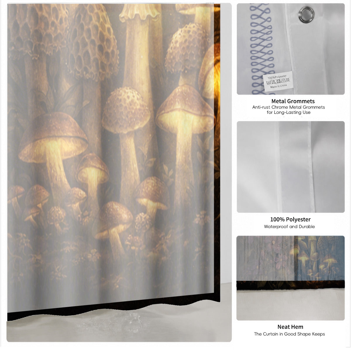 Vintage Mushroom Floral Shower Curtain Dark Academia Waterproof Decor