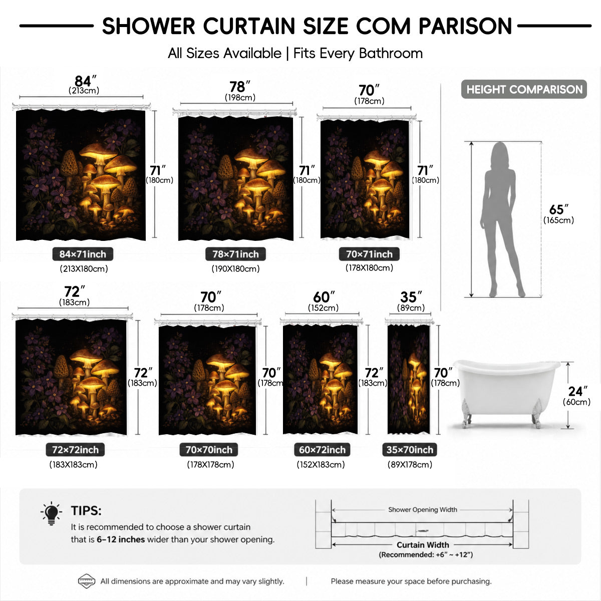 Vintage Mushroom Floral Shower Curtain Dark Academia Waterproof Decor