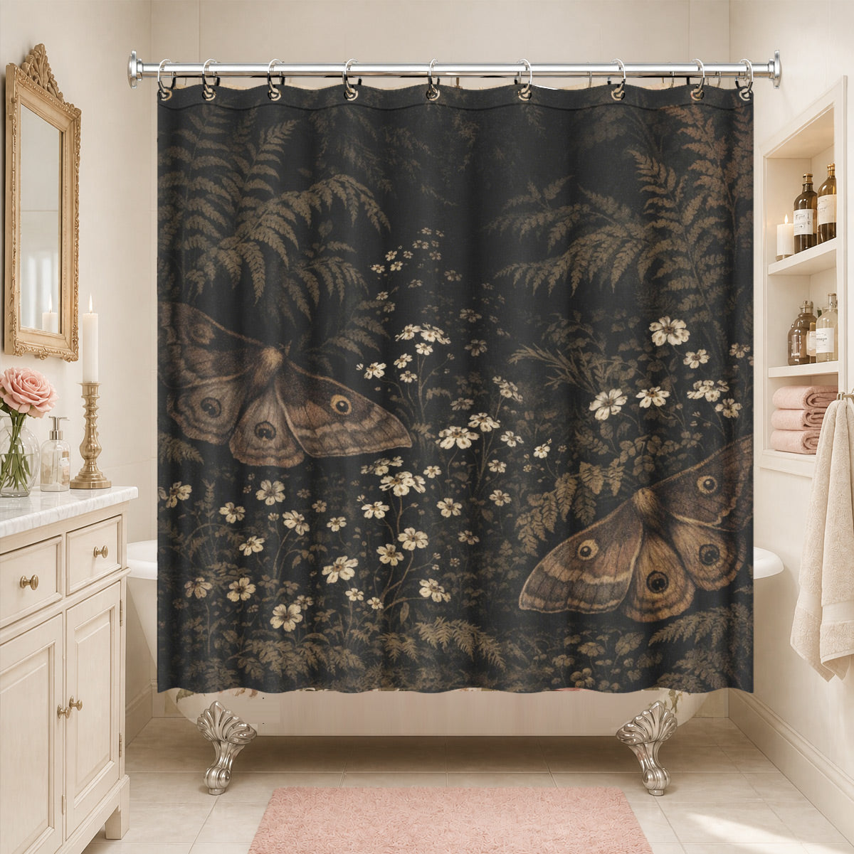 Vintage Mushroom Floral Shower Curtain Dark Academia Waterproof Decor