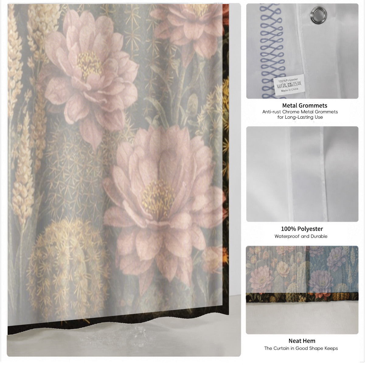 Vintage Mushroom Floral Shower Curtain Dark Academia Waterproof Decor