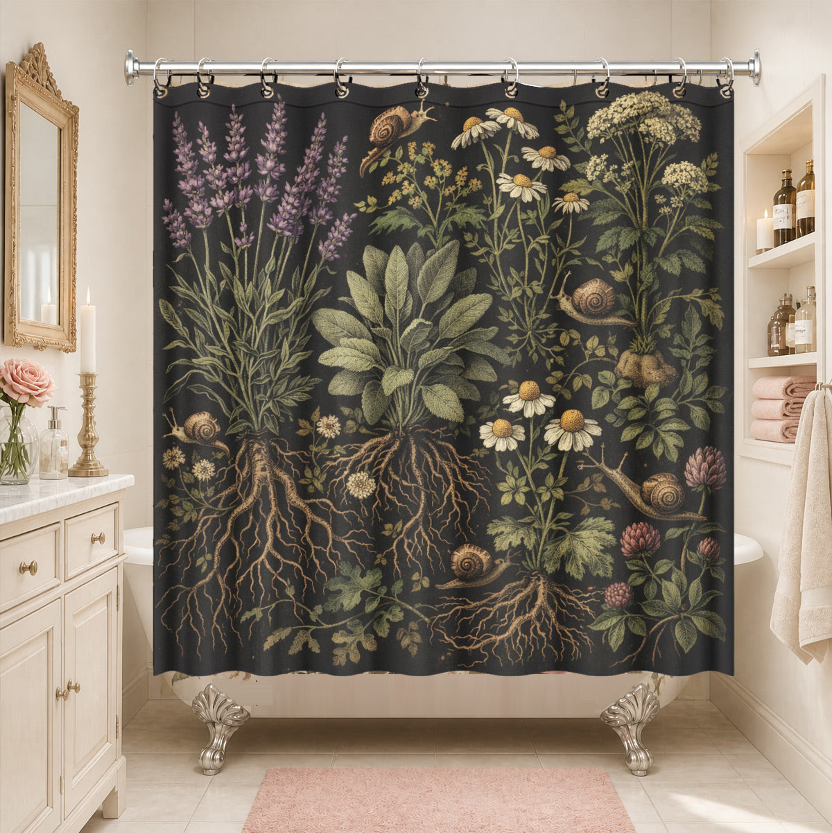 Vintage Mushroom Floral Shower Curtain Dark Academia Waterproof Decor