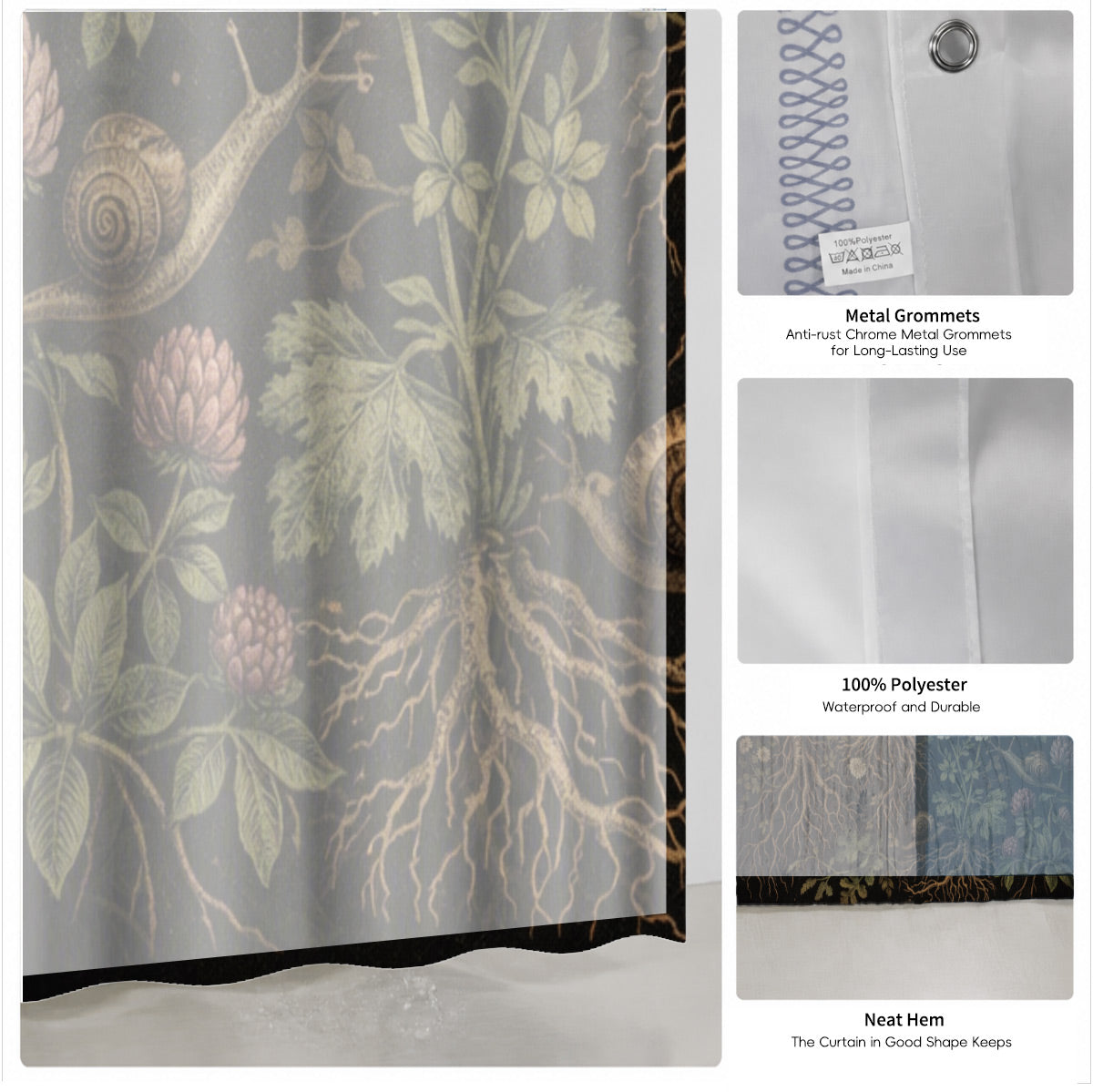 Vintage Mushroom Floral Shower Curtain Dark Academia Waterproof Decor
