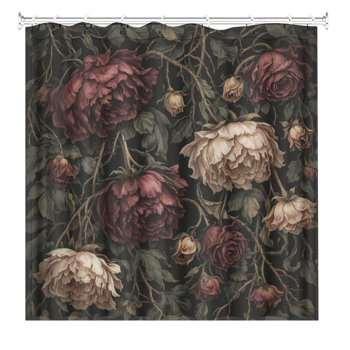 Vintage Mushroom Floral Shower Curtain Dark Academia Waterproof Decor