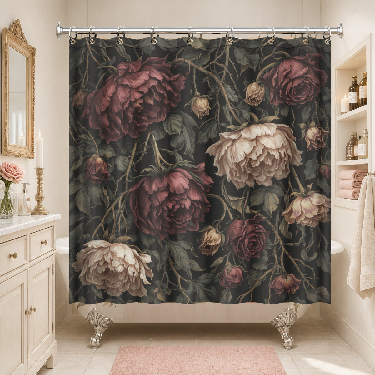 Vintage Mushroom Floral Shower Curtain Dark Academia Waterproof Decor