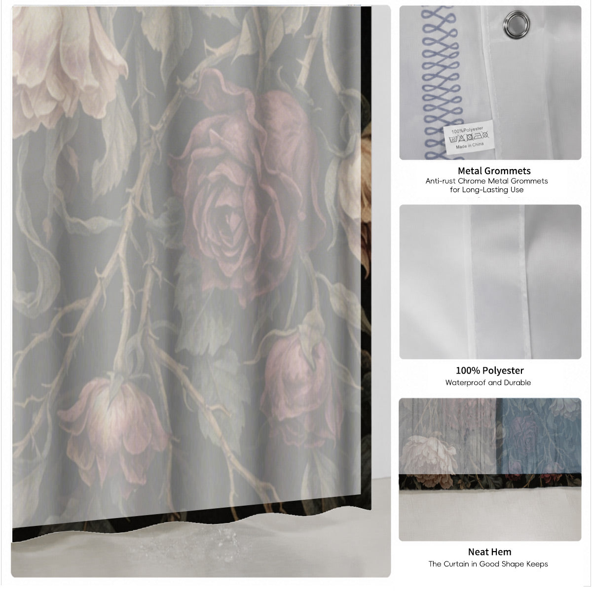 Vintage Mushroom Floral Shower Curtain Dark Academia Waterproof Decor