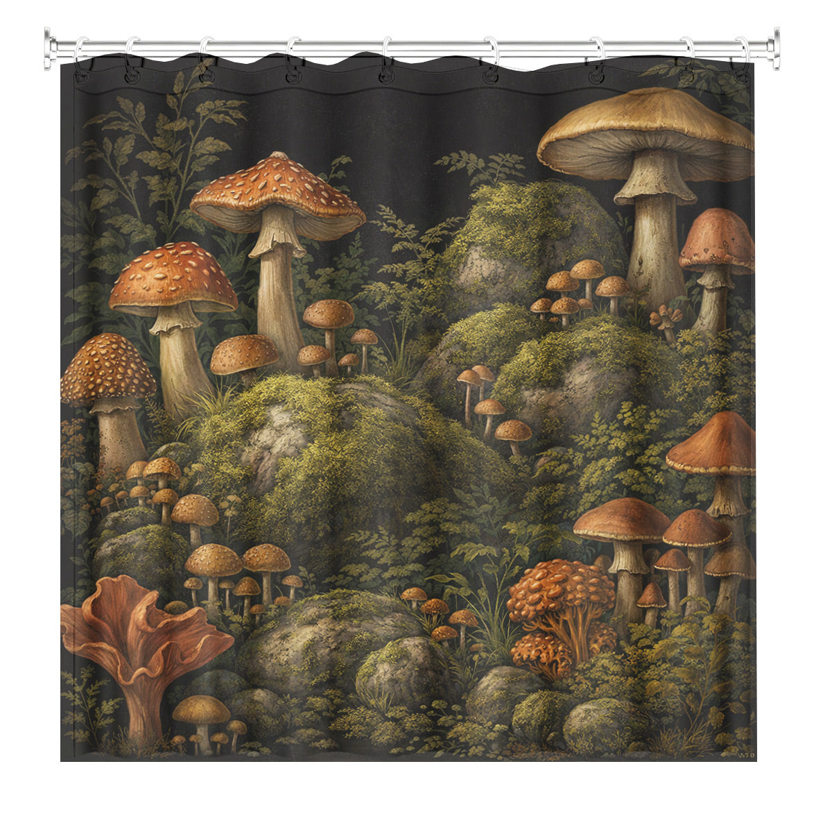 Vintage Mushroom Floral Shower Curtain Dark Academia Waterproof Decor