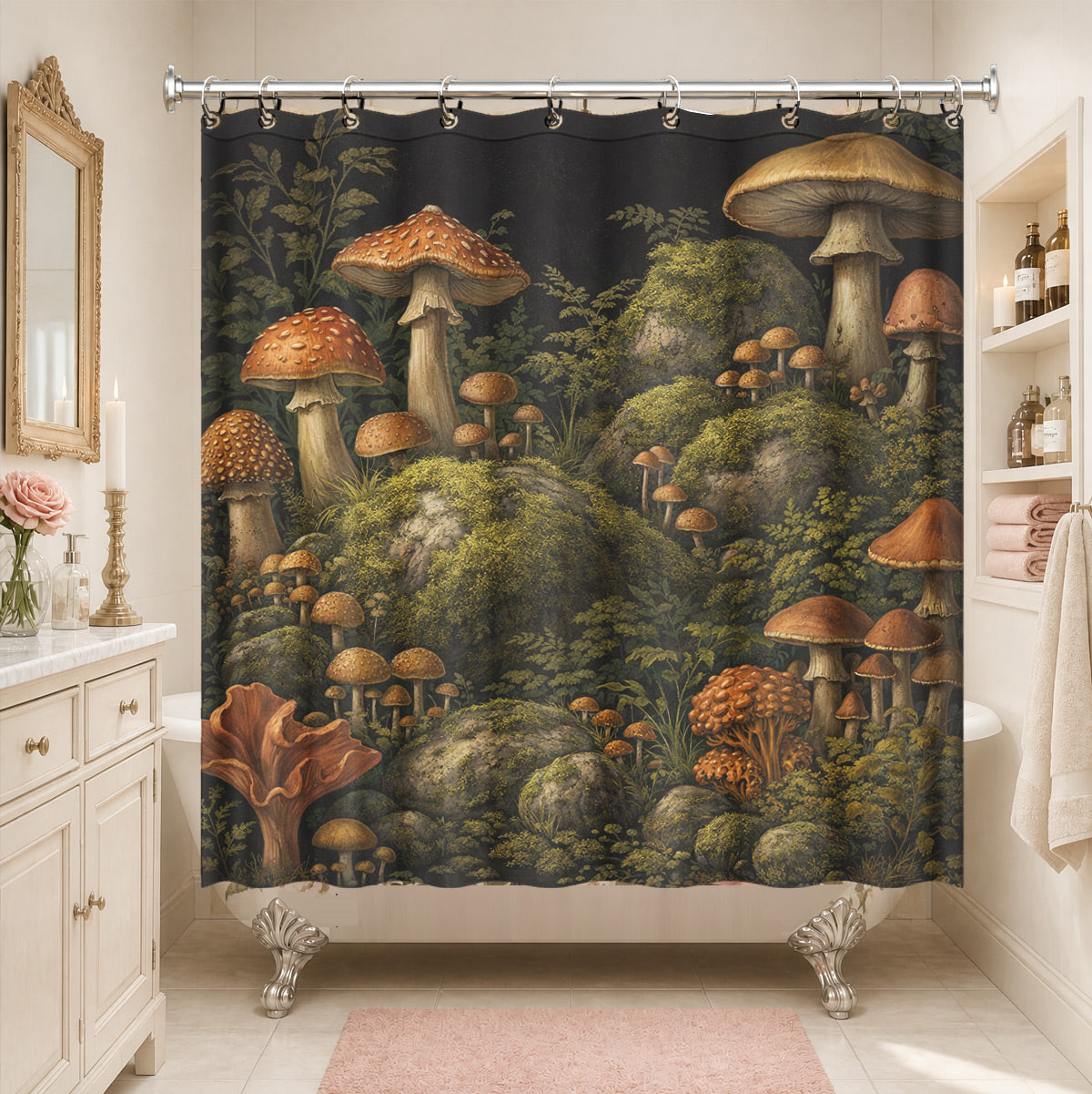 Vintage Mushroom Floral Shower Curtain Dark Academia Waterproof Decor