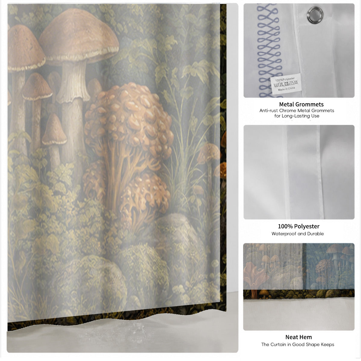 Vintage Mushroom Floral Shower Curtain Dark Academia Waterproof Decor