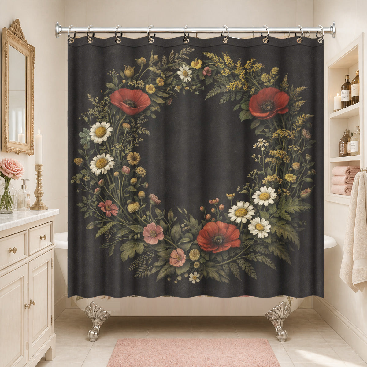 Vintage Mushroom Floral Shower Curtain Dark Academia Waterproof Decor
