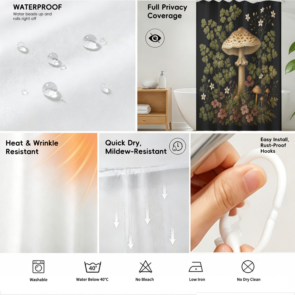 Vintage Botanical Mushroom Shower Curtain Dark Academia Waterproof Decor